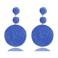 Boho Raffia Ball Earrings for Women, Handmade Statement Drop Earrings Straw Dangle Earrings Beach Vacation Jewelry - color: Royal blue