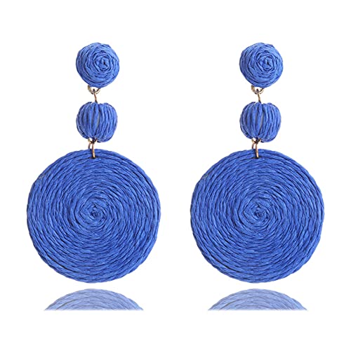 Boho Raffia Ball Earrings for Women, Handmade Statement Drop Earrings Straw Dangle Earrings Beach Vacation Jewelry - color: Royal blue