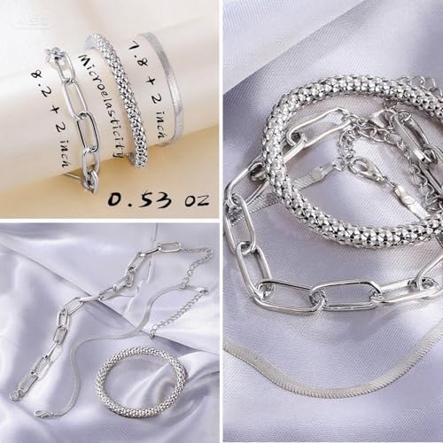 IFKM Gold Chain Bracelets Set for Women, 14K Gold Plated Multiple Layered Stackable Open Cuff Bangle Bracelet Anklet Bracelets Adjustable Link Tennis Beads Italian Cuban Jewelry for Women Gift - style: 24PCS Silver Set