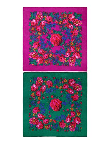 MJ SERECA Acrylic Bandana Printed Hair Scarf Square Ukrainian Head Scarf Floral Babushka Neck Scarf for Women 30"/42"/60" - color: 2 Pack-e 42"