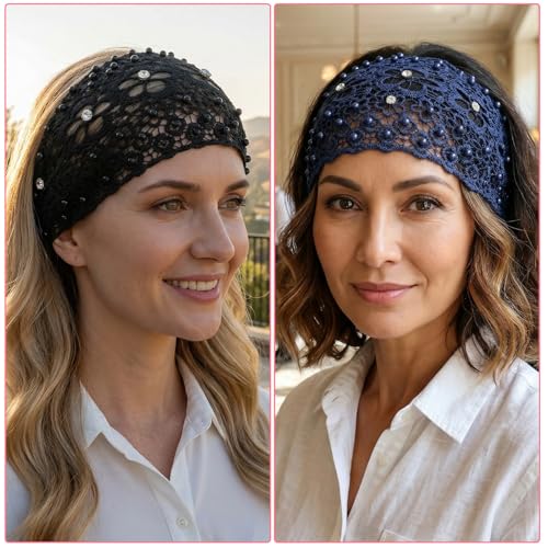 cobee 3 Pcs Elegant Lace Headbands for Women, Wide Boho Head Wrap with Rhinestone Beads Elastic Vintage Crochet Headbands Stretch Turban Hair Accessories for Women Various Holidays Yoga Wedding
