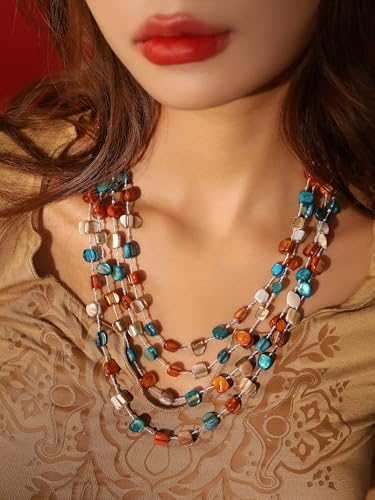 MINACHI Colorful Irregular Beaded Long Necklace, Coated Reflective Glass Beads, Bohemian Vintage Chunky Costume Jewelry for Women - style: Necklace NECK.001