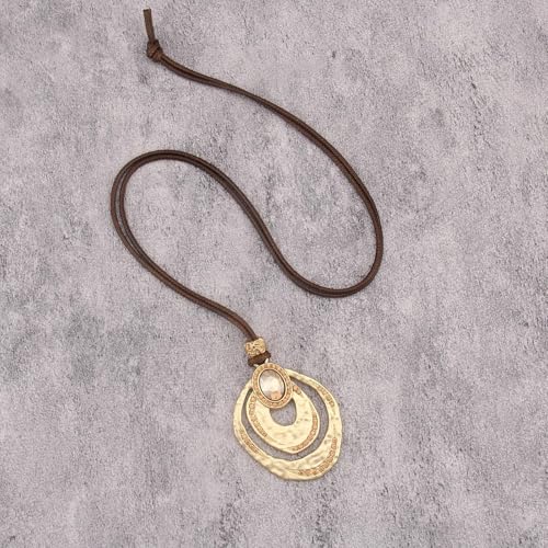 JAOYU Bohemian Necklaces for Women Leather Necklace Wood Pendant Choker Long Brown Necklace Chunky Circle Boho Hippie Jewelry - style: Boho Chunky Necklace