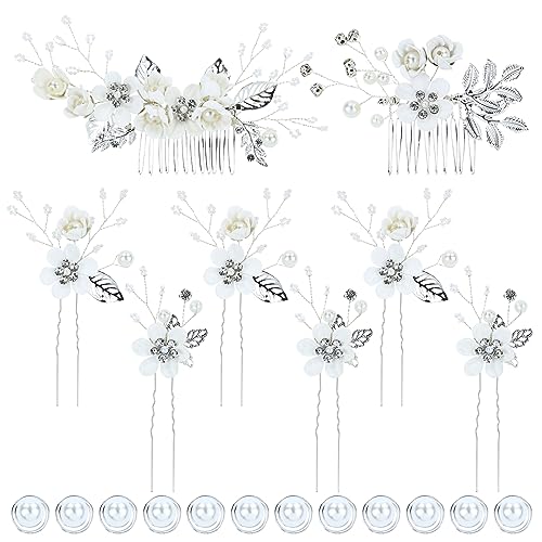 inSowni 20 Pieces Rhinestone Pearl Bridal Wedding Party Prom White Flower Hair Side Combs Slides +U-shaped Floral Hair Pins+Twist Spiral Pearl Hairpins Headpieces for Brides Bridesmaids Girls Women - color: Pure White