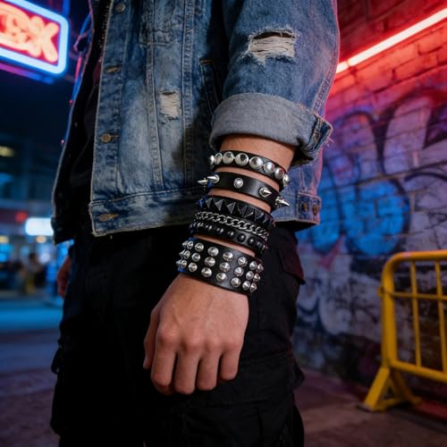 Handmade Black Leather Wrap Studded Bracelets for Women Men, 4Pcs Vintage Punk Wrist Cuff Bangle Wristband Emo Jewelry Gifts - style: Round Stud Style