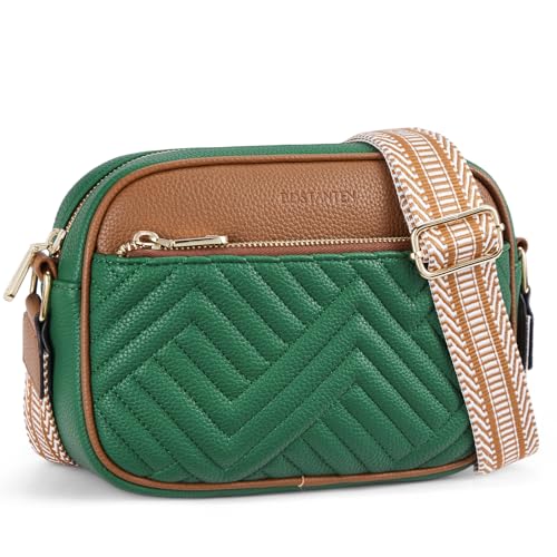 BOSTANTEN Quilted Crossbody Bags for Women Vegan Leather Purses Shoulder Handbags with Wide Strap - color: Green With Brown