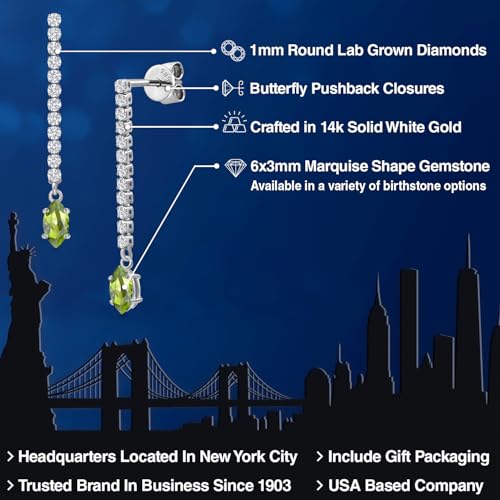 Gem Stone King 14K White Gold Gemstone Birthstone and White Lab Grown Diamond Long Liner Dangle Earrings for Women | Marquise 6X3MM | White Gold Chain Drop Earrings - style: Peridot, August