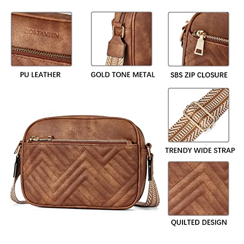 BOSTANTEN Quilted Crossbody Bags for Women Vegan Leather Purses Shoulder Handbags with Wide Strap - color: Brown