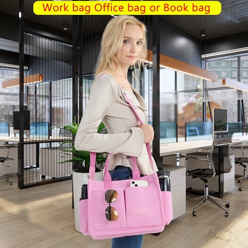 ZHMO Canvas Tote Bag for Women,Women's Bags Crossbody Bags Work Laptop Tote Bag Large Handbags Purse for Travel Nurse Teacher - color: New Upgrade Plus Pink With Compartments and Inner Cup Holders