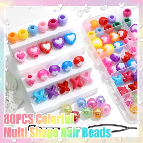 NAISKA 80PCS Colorful Braids Beads Cute Heart Flower Beads for Hair Braids Kids Random Pony Bead Set Acrylic Loc Dreadlock Jewelry Accessories for Girls - color: Colorful