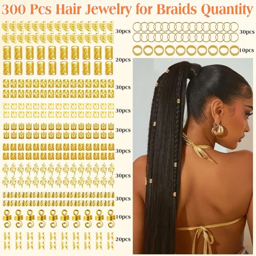 300 Pcs Gold Hair Jewelry for Braids,12 Styles Dreadlock Accessories, Adjustable Metal Hair Clips, Hair Cuff Coils Rings Braiding Decorations for Women Men - color: Gold