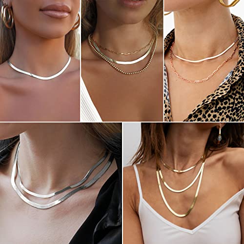 FOCALOOK 14K Gold Plated Necklaces for Women, Fashion Herringbone Choker Necklace Stainless Steel Flat Snake Chain 3/5MM(W) 12.5"/15"/18"+3.5"(L) - color: 5MM-15"&3MM-12.5" Layered-Silver
