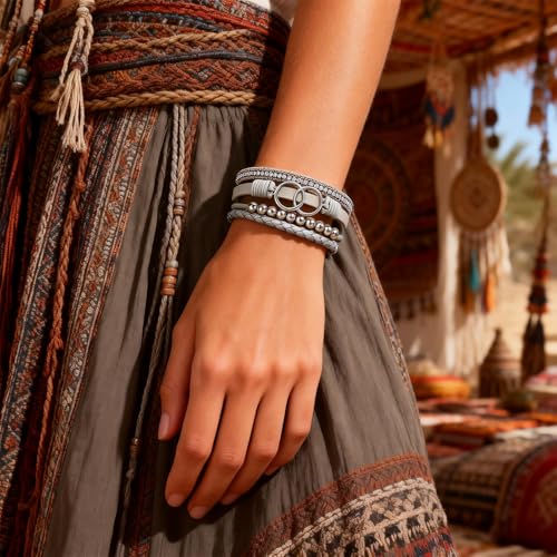 Long tiantian Leather Bracelets for Women Warp Bracelet Stackable Boho Layered Bracelet Chunky Heart Trendy Birthday Gifts for Her - color: B27:2 Beaded Bracelets Set for Women(Silver)