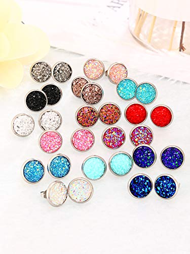Hicarer 32 Pairs Round Druzy Stud Earrings Bohemian Round Stud Stainless Steel Pierced Earrings Jewelry for Women Graduation Gift - size: 6 mm