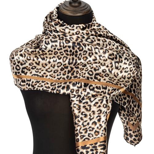 UTOWO Vintage Leopard Print Square Scarf, Light Khaki Satin Silk Feeling Bandana, Women’s Stylish Neck & Head Scarf