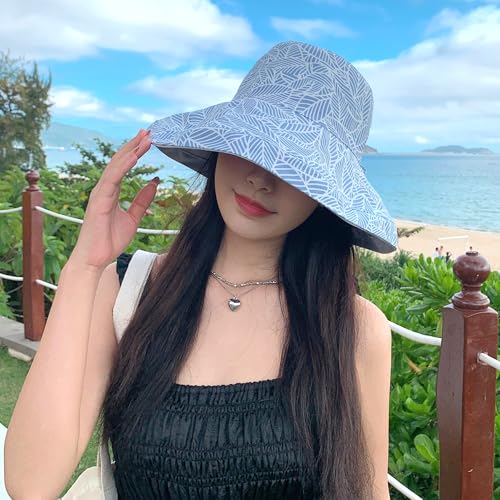 HUAMULAN Women Summer Sun Hat Wide Brim Wired Edge Floral Beach Bucket Hats Reversible Foldable Travel UV Protection Lady Hat - color: Blue