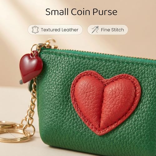 Red Heart Design Small Coin Purse - Cute Compact Keychain Change Purse Soft Leather Wallet with Zipper for Women (Green) - color: Green