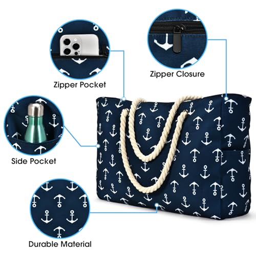 Becokan Beach Bag Large Beach Tote Bag for Women Waterproof Sandproof Swim Pool Bag With Zipper - color: Anchor