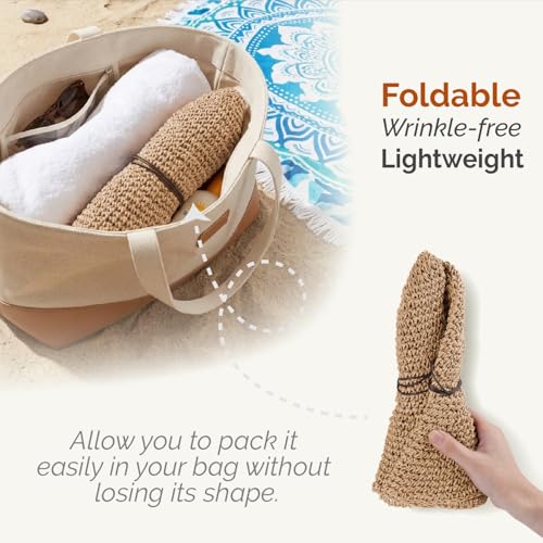 Hat Hut Floppy Beach Hat Crochet Straw Sun Hats for Women Wide Brim Handmade Summer Travel Hat Foldable Packable (US, Alpha, One Size, Khaki)