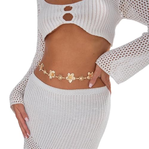 Simple Adjustable Flower Waist Belt,Gold Floral Waist Chain Belt Bikini Body Chains Jewelry Summer Beach Belly Chain Jewelry for Women