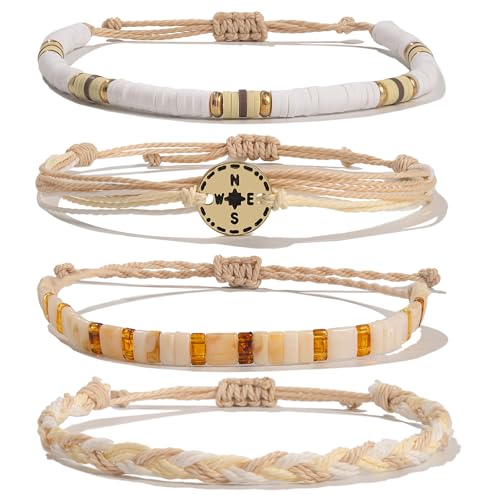 FANCY SHINY Boho Nautical Compass String Bracelets Beaded Clay Beads Bracelet Stackable Friendship Bracelets Summer Beach Outfits for Women Girls - color: Wheat