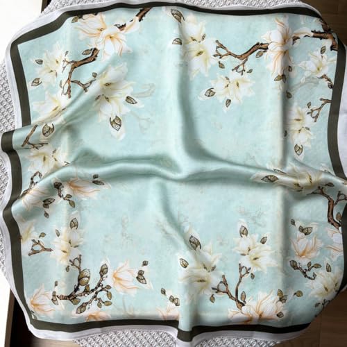 FONYVE 100% Mulberry Silk Scarfs for Women-Lightweight Square Satin Head Scarf-Small Silk Hair Scarf for Sleeping 21"x21" - color: 09 Green Flowers