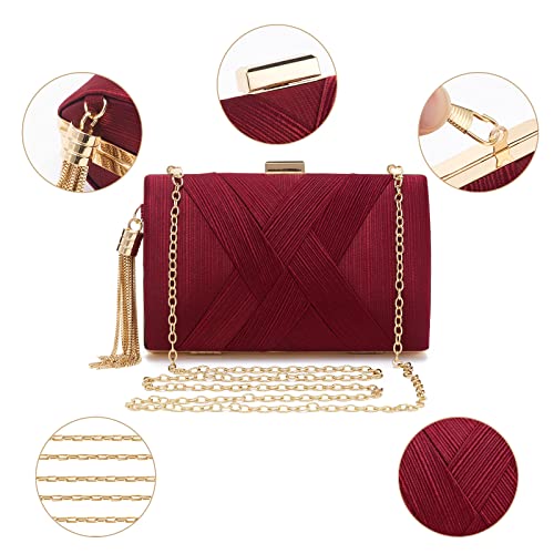 Women Clutch Bag Evening bag Fringed Evening Handbag,Lady Party Wedding Clutch Purse Chain Shoulder Cross Body Bag - color: Wine Red