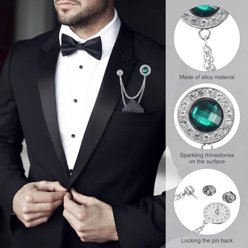 PATIKIL Gem Chain Brooch Pins, Hanging Chain Brooch Suit Pin Tassel Chain Round Crystal Badge Lapel Collar Pins for Men Shirts - color: Silver Tone(Green)
