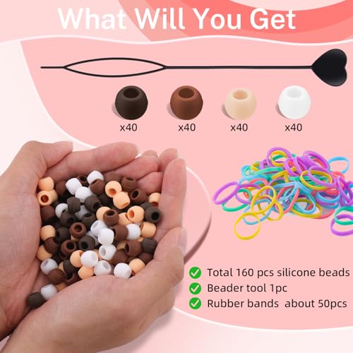 160Pcs 10mm Small Silicone Beads for Hair Braids, Soft Jellyish Pony Hair Beads with 5mm Hole + 50 Rubber Bands and 1 Beader for Braiding, DIY Bracelets Necklaces Crafts (Dark Brown) - color: Brown Mix-160Pcs