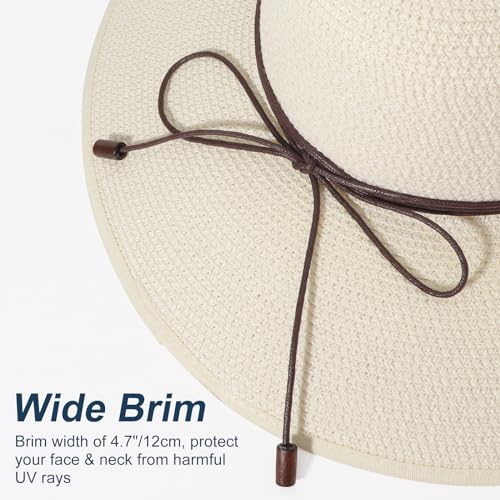 DRESHOW Beach Hats for Women Big Straw Wide Brim Summer Hat Floppy Foldable Roll up Cap Sun Hat UPF 50+ - color: 1 Pack Bowknot Hat: Ivory White, 4.7" Brim