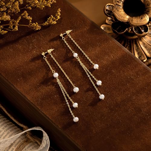 NECOCY Gold Dangle Earrings for Women Non Tarnish 14K Gold Plated Drop Wedding Hypallergenic Earring Dainty Long Hanging Chain CZ Pearl Threader Earrings Trendy Silver Plated Jewelry for Women - style: Gold&Style19