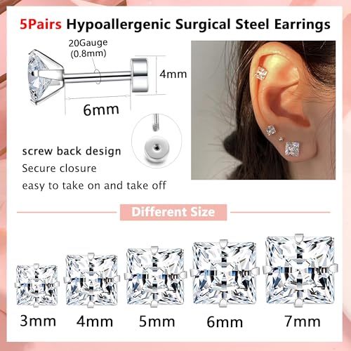 20G Hypoallergenic Surgical Steel Square Pearl Ball CZ Flat Back Stud Earrings for Sensitive Ear, Lightweight Shiny Earrings Studs for Helix Tragus Cartilage Multiple Piercing - color: Silver-B