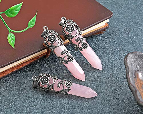 Top Plaza Antique Silver Flower Wrapped Natural Rose Quartz Healing Crystal Necklace Mothers Day Mom Gifts - color: Rose Quartz