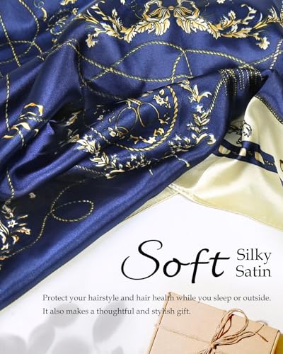 Satin Scarf and Hair Net - 2 in 1 Silk Scarf and Wrap Cap Hair Net for Silk Press, Protective Night Cover Prevents Frizz - color: Navy Blue