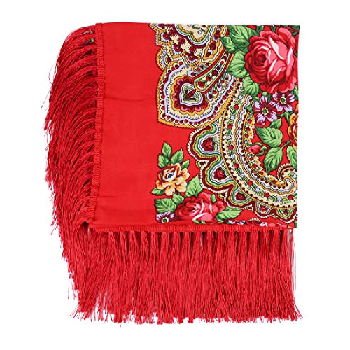 Gudessly Women's Traditional Scarf Wrap Tassel Fringes Neck Head Shawl Retro Scarf Floral Poncho Printing Square Cape 50inch - color: Cerise
