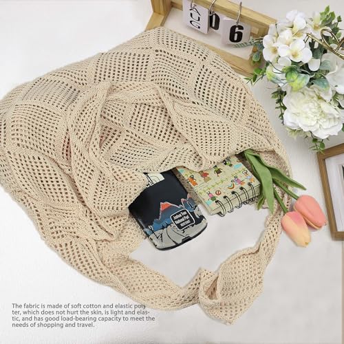Crochet Mesh Beach Tote Shoulder Handbags Hobo Summer Aesthetic Women's Bag - color: Beige