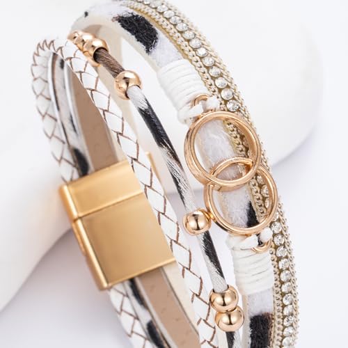 FANCY SHINY Boho Leather Wrap Bracelet Stackable Infinity Chunky Cuff Bracelets Western Hippie Outfits Jewelry Valentine Gifts for Women - color: White Leopard