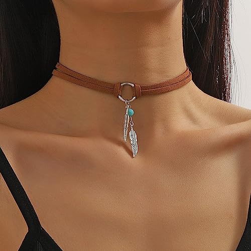 ONLYJUMP Boho Turquoise Leather Choker Necklace for Women Bohemian Handmade Leaf Layered Black Brown Suede Western Cowlady Necklace Western Country Party Jewelry Gifts - style: Blue