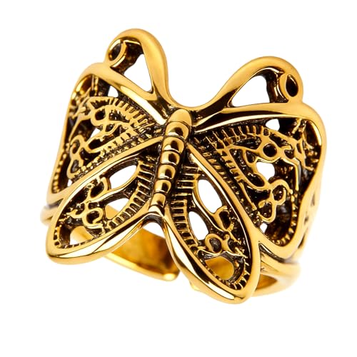 Butterfly Wrap Rings,Butterfly Ring for Women, Adjustable Open Carved Texture Butterfly Ring,Vintage Metal Insects Knuckle Finger Rings,Cute Animal Ring,Statement Jewelry Gifts for Women - color: Gold