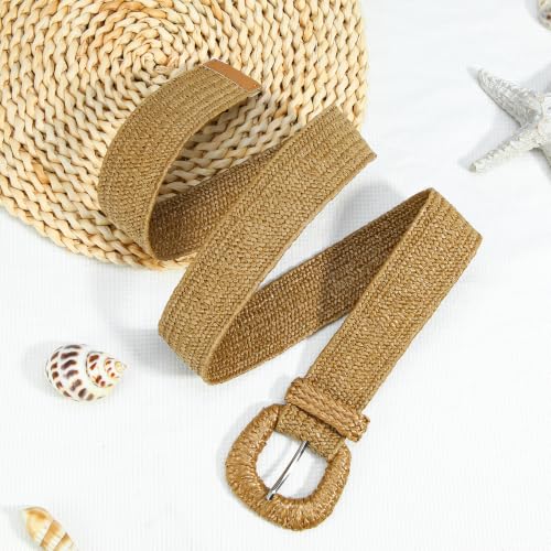 HOTWILL Women Straw Woven Belt Boho Elastic Stretch Braided Waist Belts for Summer Dresses - color: Khaki_d Ring Buckle