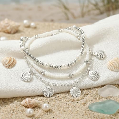 Boho Beads Beach Layered Anklet Set for Women, Handmade Gold Starfish Pearl Shell Anklets Summer Ocean Accessories Jewelry Gift - color: SShell