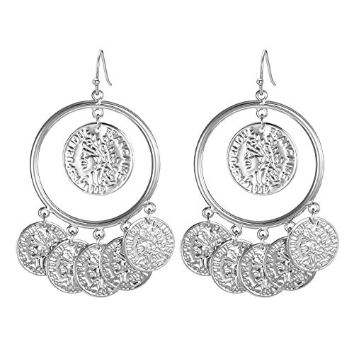 FAMARINE Vintage Tribal Chandelier Portrait Coins Hoop Drop Earrings for Women Costume Jewelry - color: Silver