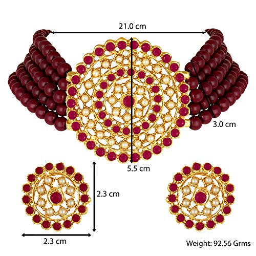 Aheli Pearl Diamond Choker Necklace & Round Earrings Gift for Women Indian Traditional Bollywood Fashion Bharatanatyam jewellery set - color: Maroon 1