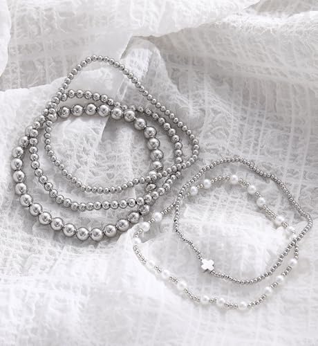 Gold Beaded Bracelets for Women, 14K Real Gold Plated Jewelry for Women Dainty Pearl Bead Bracelets Stack, Non Tarnish Trendy Stackable Ball Cross Stretch Bracelet Set Fashion Accessories Gifts - color: Silver cross bead
