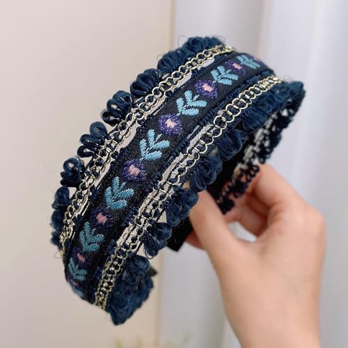 Bohemian Headband for Women-Floral Embroidered Headwrap with Lace Trim Vintage Cute Hair Band for Daily Boho Chic Style (4-Navy Blue, One Size) - color: 4-Navy Blue