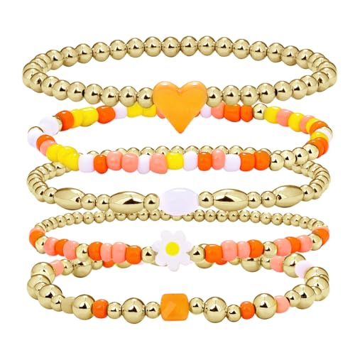 Gold Beaded Bracelets for Women: 14K Gold Bracelets for Women Trendy Dainty Gold Ball Bracelet Stack for Womens - Boho Stretch Bracelets Jewelry Sets with Cross Fashion Accessories Gifts for Women - style: Orange Heart