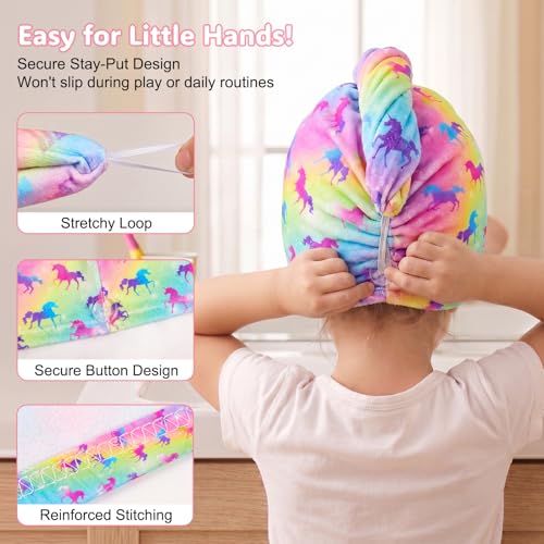 Basumee Microfiber Hair Towel Wrap for Kids 2 Pack Rapid Drying Hair Towel with Button Hair Turbans for Wet Hair Wraps Head Towel Wrap for Women and Girls, Rainbow Unicorn - color: Rainbow Unicorn