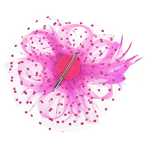 DRESHOW Fascinators Hat Flower Mesh Ribbons Feathers on a Headband and a Clip Tea Party Headwear for Girls and Women - color: 7" Diameter / Fushia