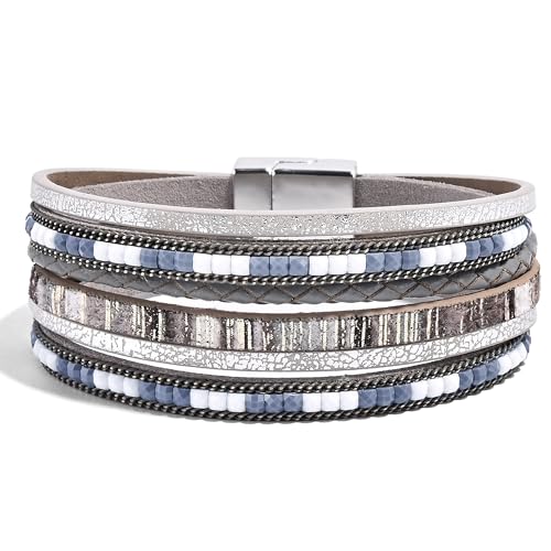VIBILIA Boho Leather Wrap Bracelets for Women Multi-Layer Bracelets with Strong Clasp Jewelry for Women - color: 03-BohoBraid-Gray