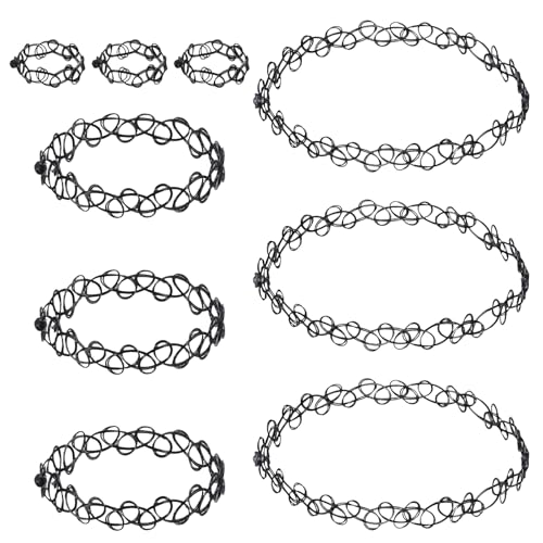 90s Tattoo Choker, 9 PCS 90s Tattoo Choker Necklace, Bracelet and Ring Set, Black Stretchy Gothic Chokers Adjustable Retro Gothic Grunge 90 Necklace Jewelry for Women Accessories